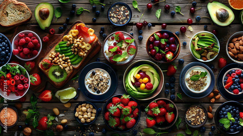 healthy food table top view featuring avocado toast, fresh fruits like strawberries and blueberries, bowls of yogurt with granola and nuts, directly above view, all arranged on a rustic wooden table. healthy food table top view featuring avocado toast, fresh fruits like strawberries and blueberries, bowls of yogurt with granola and nuts, directly above view, all arranged on a rustic wooden table.