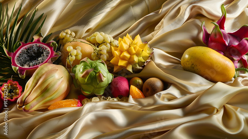 Vibrant Tropical Fruit Display on Luxurious Golden Silk Fabric Background