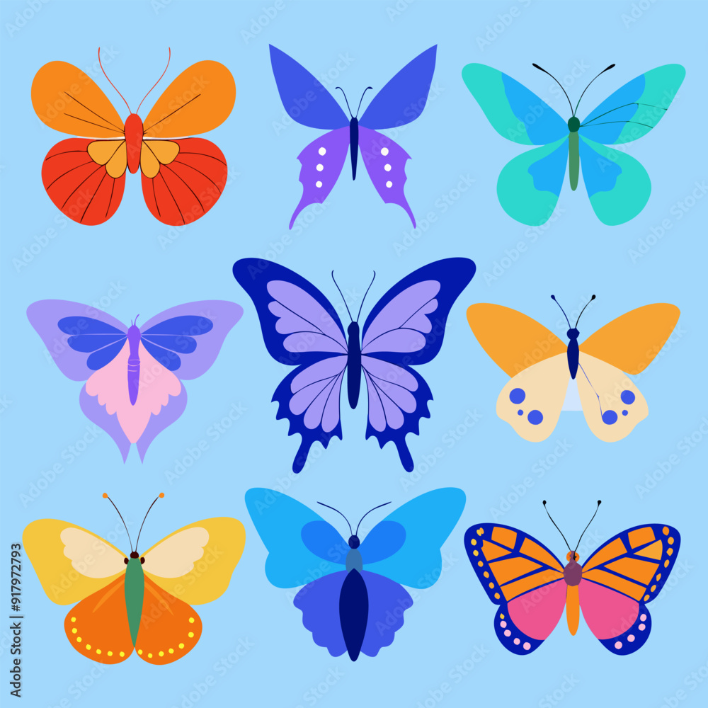 A collection of nine colorful butterfly illustrations, perfect for adding a touch of whimsy and beauty to your designs. These vibrant graphics are ideal for spring projects, nature-themed designs. A collection of nine colorful butterfly illustrations, perfect for adding a touch of whimsy and beauty to your designs. These vibrant graphics are ideal for spring projects, nature-themed designs.