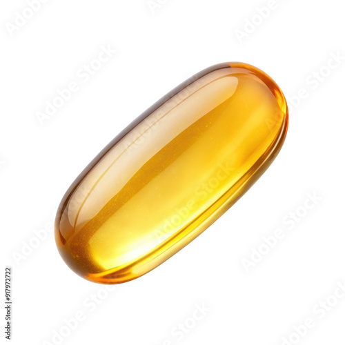 Close up of a single fish oil capsule, showcasing its smooth, glossy surface and golden hue, often used as a dietary supplement. Isolated on transparent background, png.