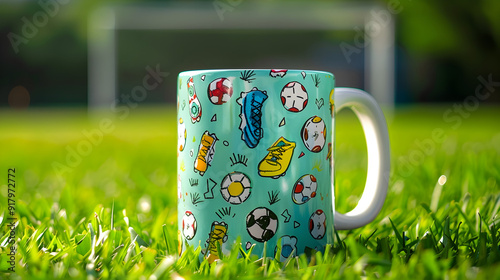Vibrant Yeti Mug Featuring Soccer Gear Photographed on Lush Grass Soccer Field