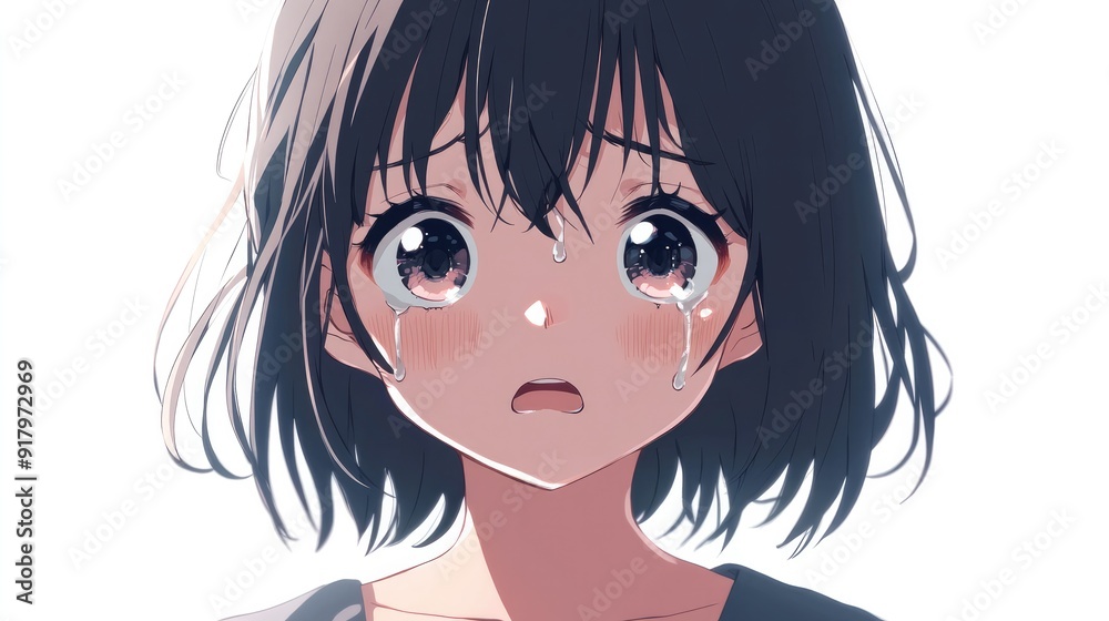 Cute anime character expressing sadness with tear-filled eyes and a trembling lip, isolated on a white background Cute anime character expressing sadness with tear-filled eyes and a trembling lip, isolated on a white background
