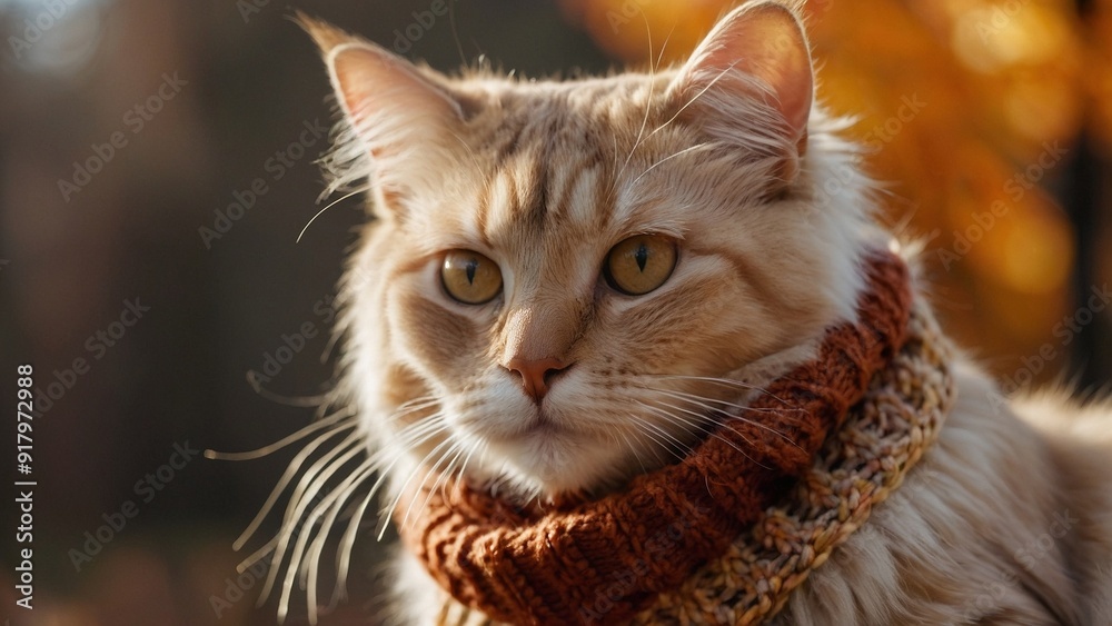 Naklejka premium A closeup portrait of a fluffy beige cat wearing a chunky, knitted brown scarf. Scattered red and orange leaves oin a background, warm autumn colors, cozy seasonal atmosphere.