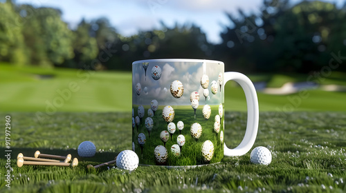 Yeti Golf Mug on Scenic Fairway   Decorated Drinking Cup with Golf Balls and Tees