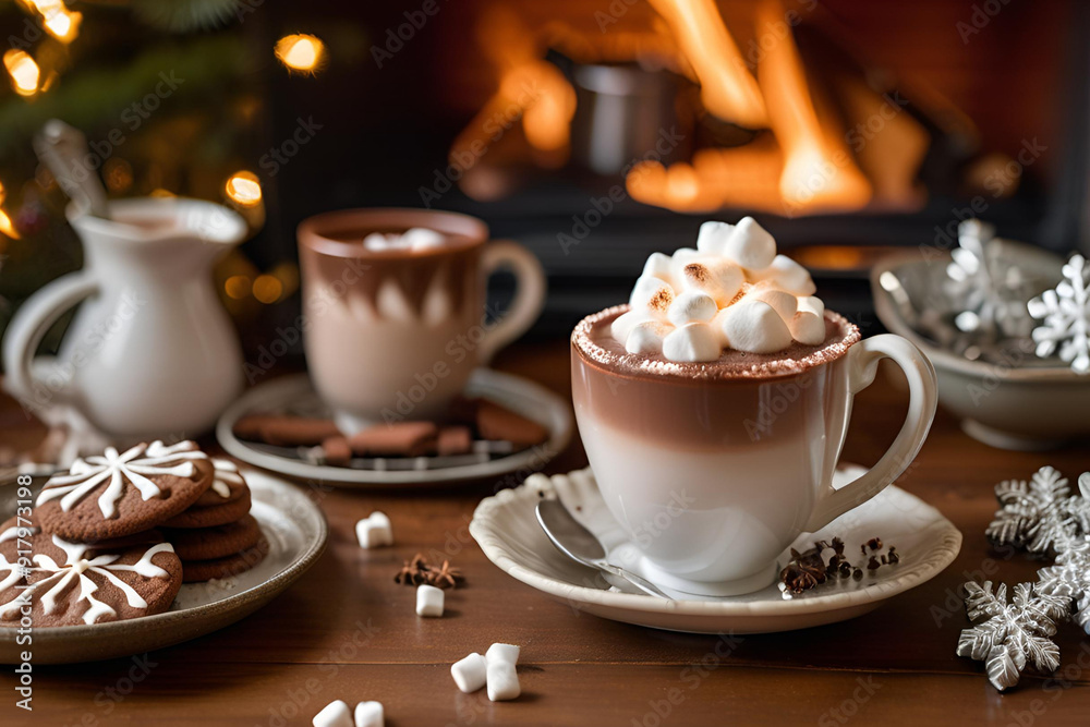 hot chocolate with marshmallow, a mug of hot chocolate for Christmas beside a fireplace hot chocolate with marshmallow, a mug of hot chocolate for Christmas beside a fireplace