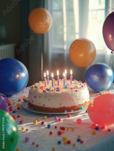 Birthday Cake with Lit Candles