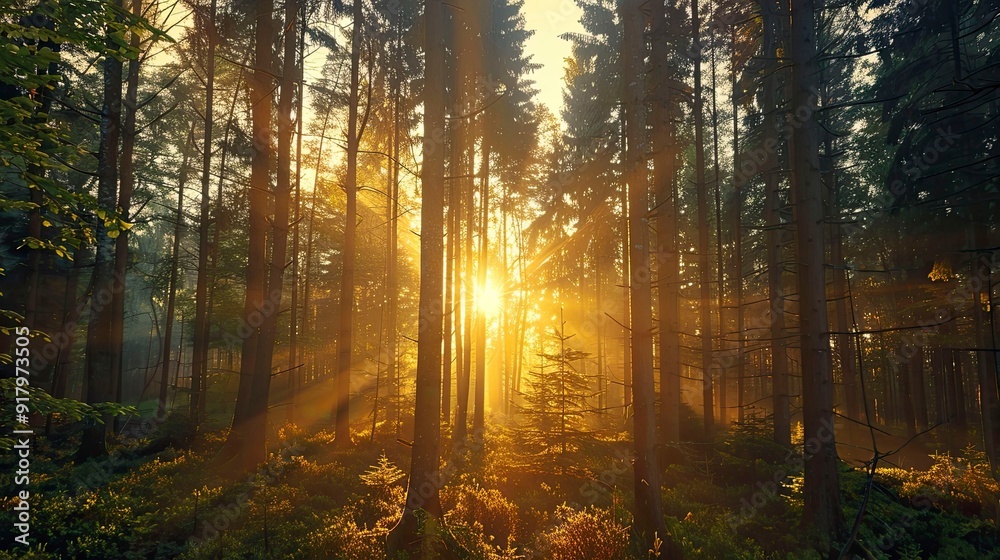 A serene sunset over a forest with the sun's rays filtering through the trees. A serene sunset over a forest with the sun's rays filtering through the trees.