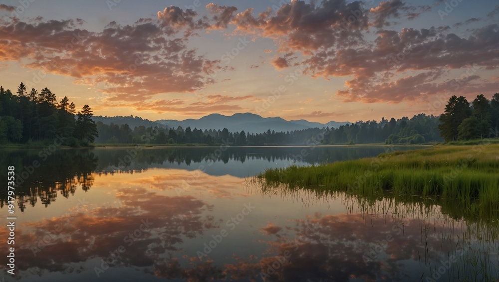 Fototapeta premium lake view in the afternoon with sunset background made by AI generative