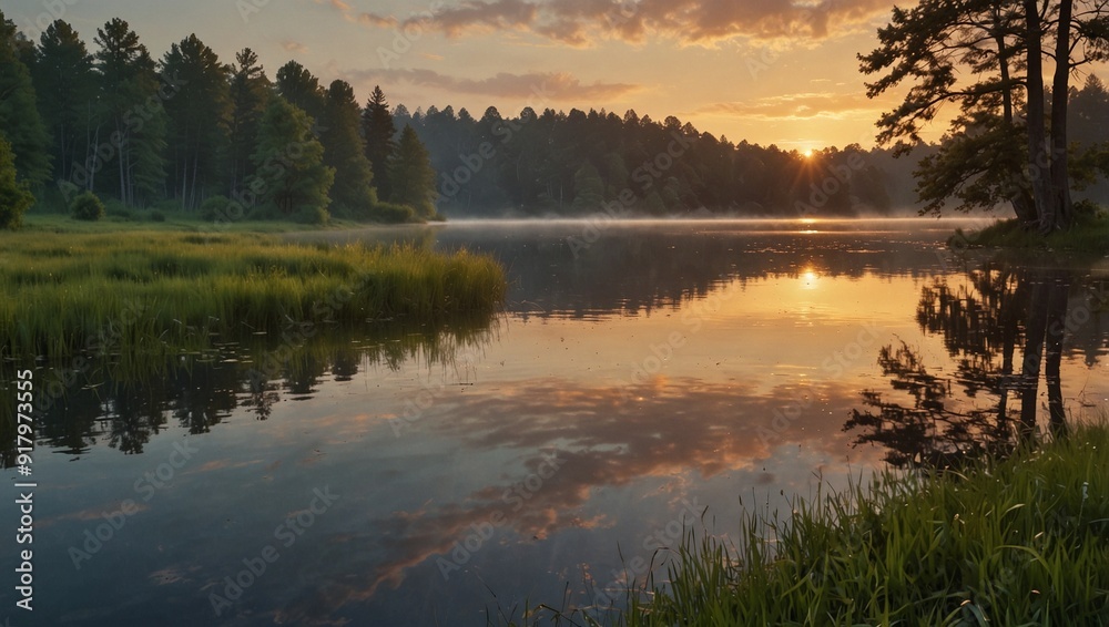 Fototapeta premium lake view in the afternoon with sunset background made by AI generative