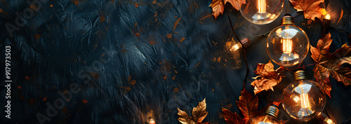 Autumn layout. Composition with garlands, light bulbs, lantern, lights, decoration on textured dark background. Flat lay fall mockup. Copy space. Generative ai
