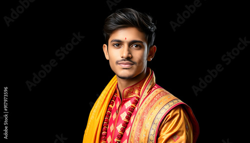 A young man in a traditional Indian outfit poses for a photograph isolated with white highlights, png photo