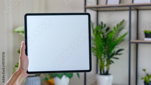 Person Holding smartphone with Blank Screen – Living Room Background, Web Banner with Blank Space on Right