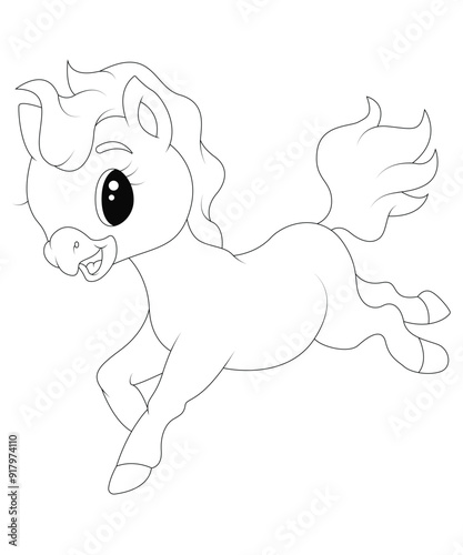 Unique and Cute Horse coloring page for kids and adults.  Horse coloring book page for children  photo