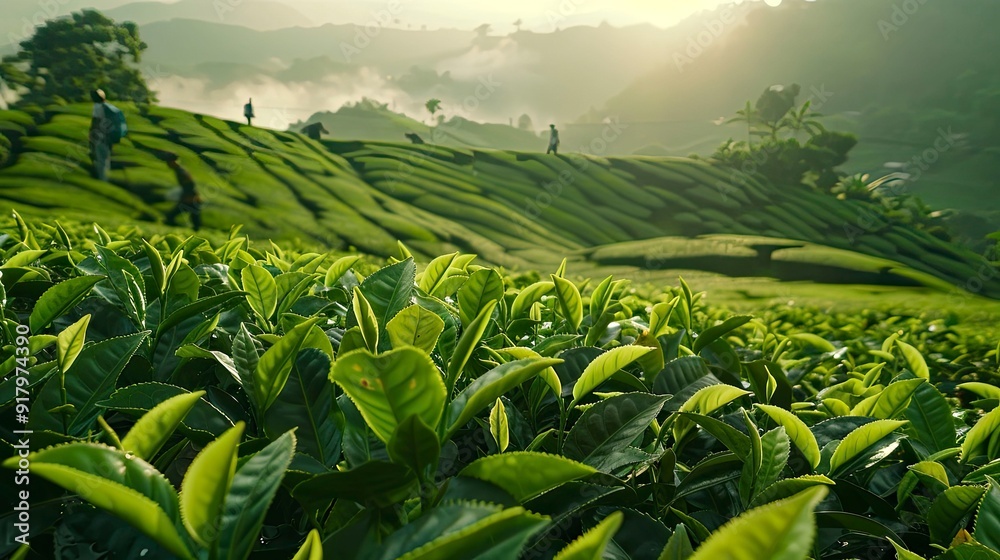 A serene tea plantation with workers picking leaves. A serene tea plantation with workers picking leaves.