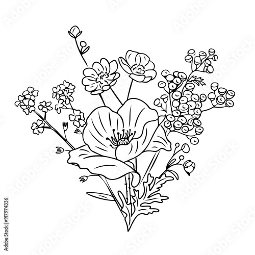 Meadow flowers contour doodle bouquet. Monochrome seasonal botanical outline stickers with poppy, buttercup, tansy and myosotis flowers. Vector clipart of sketch drawings isolated on white background