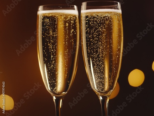 Champagne Flutes Filled with Sparkling Liquid