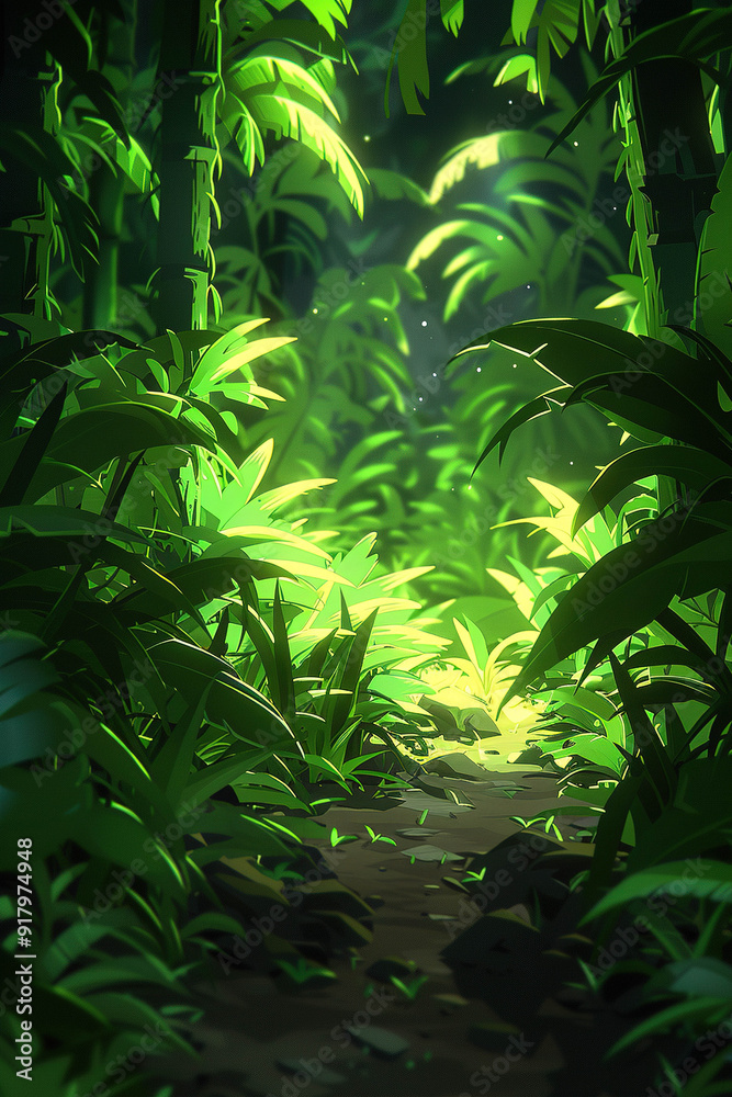 Sun shining through lush green jungle path illustration Sun shining through lush green jungle path illustration