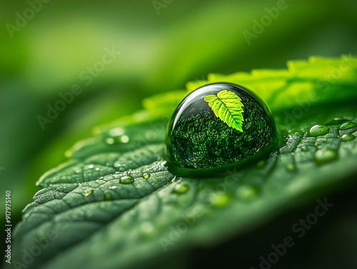 A close-up view of a water droplet on a green leaf showing a tiny leaf reflection in a tranquil garden setting