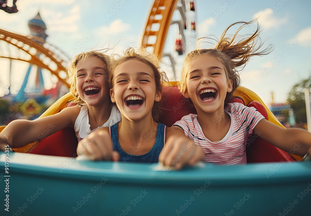 Obraz premium Mother and two children riding a rollercoaster at an amusement park or state fair, experiencing excitement, joy, laughter, and summer fun,