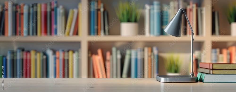 Desk with Books and Lamp – Minimalist Background with Blurred Bookshelves Desk with Books and Lamp – Minimalist Background with Blurred Bookshelves