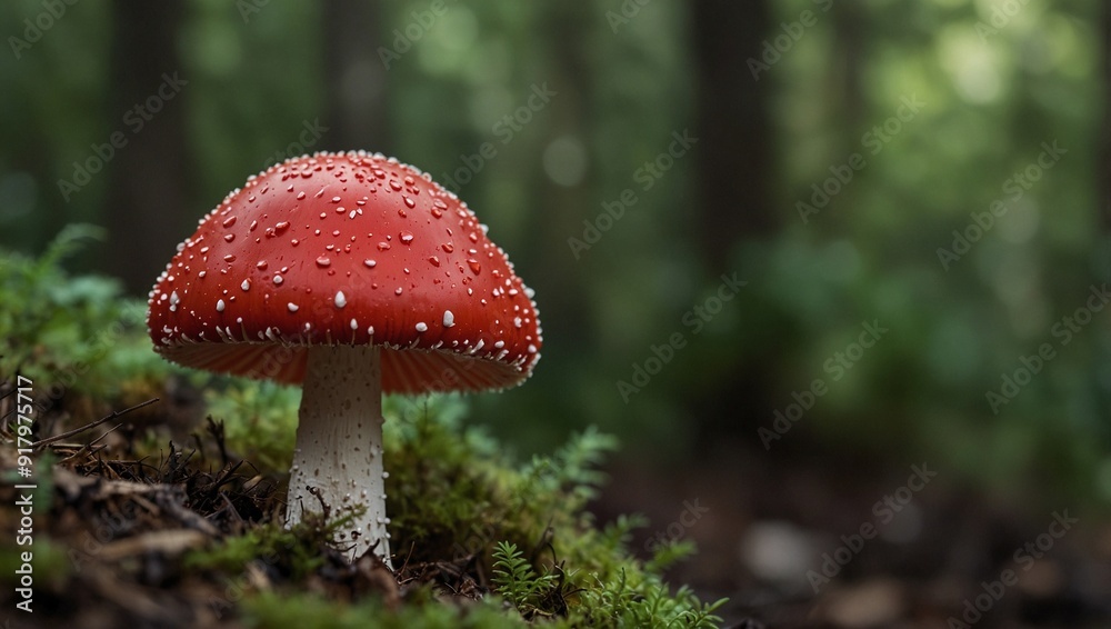 zoom photo of red mushroom plant with forest background made by AI generative zoom photo of red mushroom plant with forest background made by AI generative