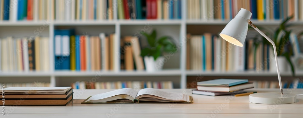 Desk with Books and Lamp – Minimalist Background with Blurred Bookshelves