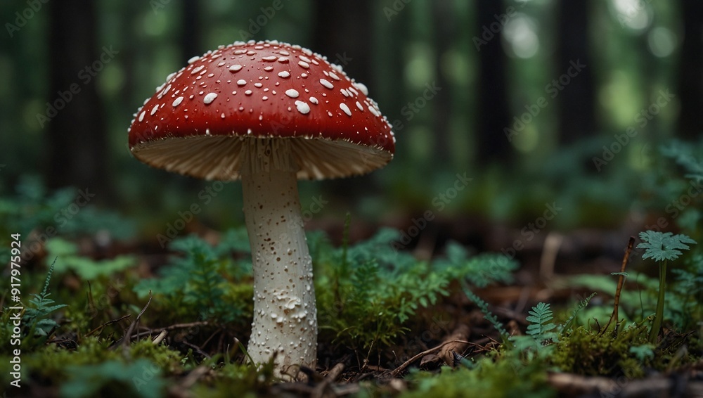 zoom focus photo of red mushrooms in the forest made by AI generative