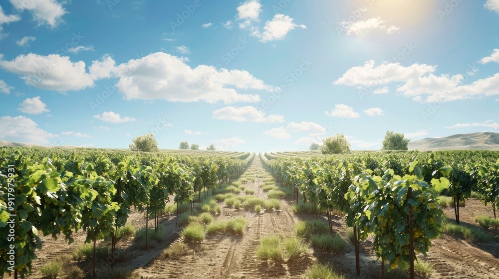 A serene vineyard with rows of grapevines and clear blue skies. A serene vineyard with rows of grapevines and clear blue skies.