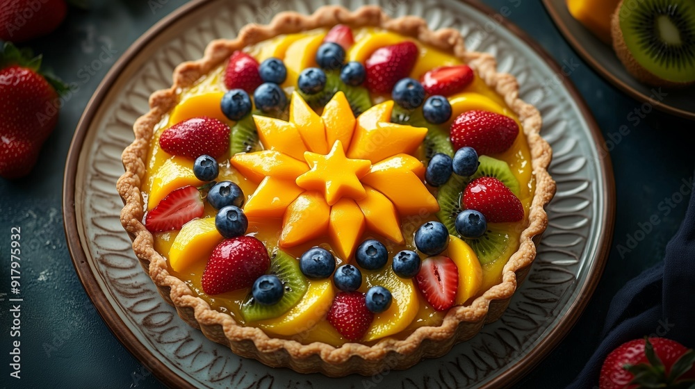 Colorful fruit tart with mango, kiwi, strawberries, and blueberries on decorative plate