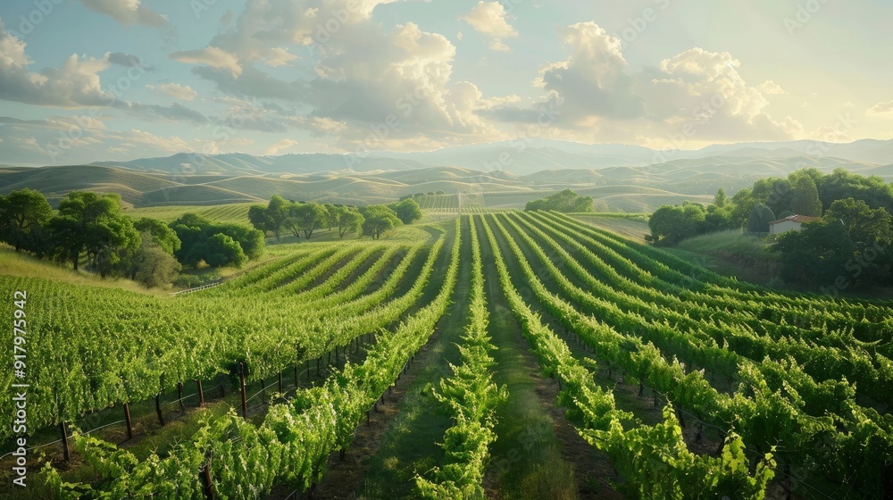 A serene vineyard with rows of grapevines and rolling hills. A serene vineyard with rows of grapevines and rolling hills.