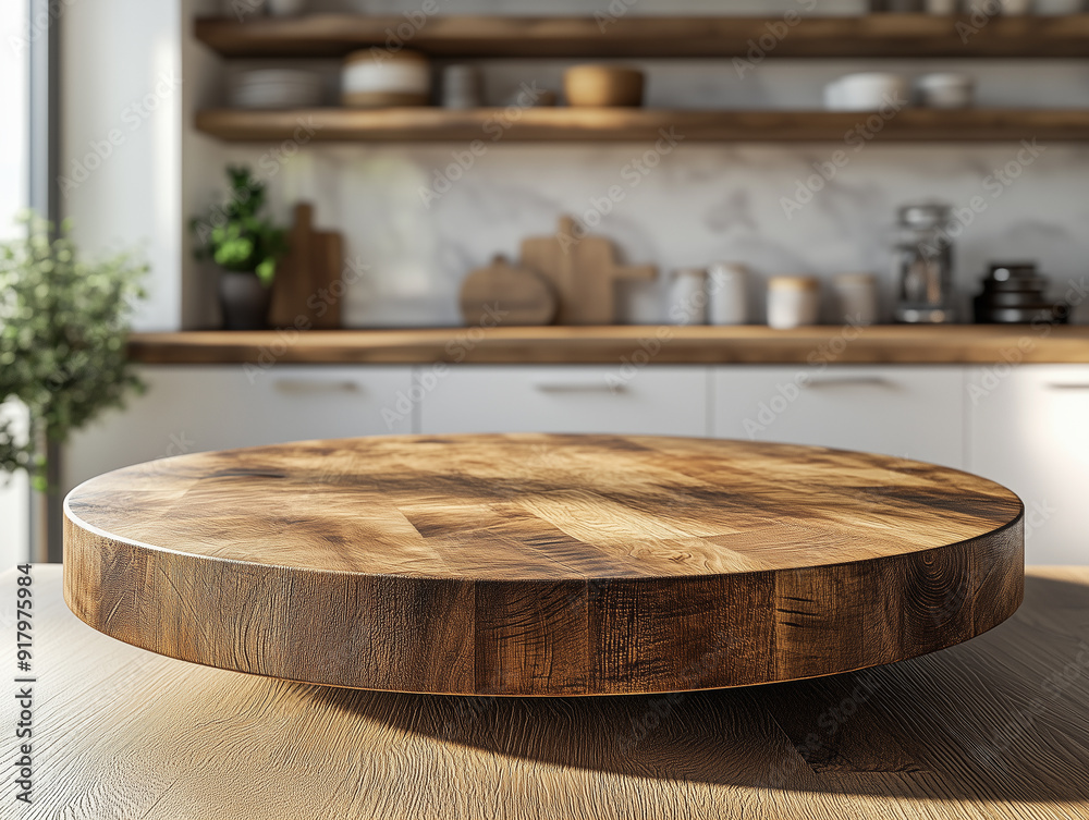 Rustic wooden serving board on a kitchen countertop in a bright, modern kitchen setting during the day Rustic wooden serving board on a kitchen countertop in a bright, modern kitchen setting during the day