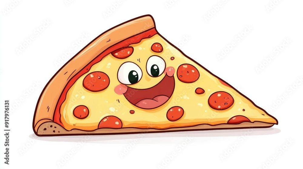 Cartoon slice of pizza with a happy expression, isolated on a clean white background