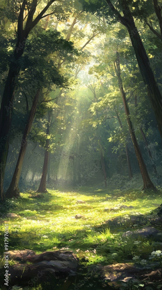 Obraz premium A serene forest scene with tall trees and sunlight filtering through the leaves, creating dappled light on the green grassy ground. The atmosphere is peaceful as mist hovers in the air