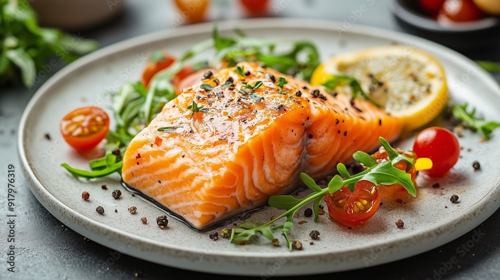 Grilled salmon fillet on white plate with cherry tomatoes, arugula, and lemon slice garnishes Grilled salmon fillet on white plate with cherry tomatoes, arugula, and lemon slice garnishes