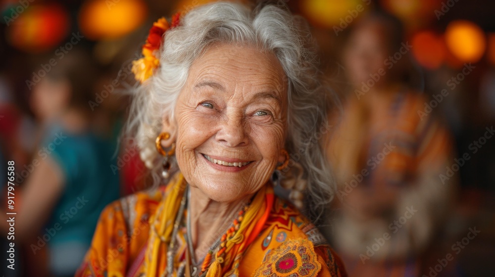 Elderly woman with a joyful smile in colorful traditional attire - generative ai Elderly woman with a joyful smile in colorful traditional attire - generative ai