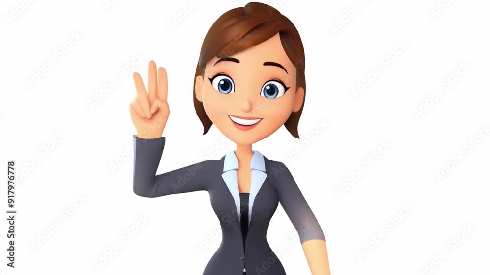 Cartoon of a businesswoman smiling with two fingers raised, her face showing happiness and a cheerful smile. Cartoon of a businesswoman smiling with two fingers raised, her face showing happiness and a cheerful smile.