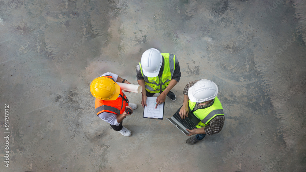 Top view of architects engineer are discussing about the progress of the building project and checking the accuracy of the building structure. Top view of architects engineer are discussing about the progress of the building project and checking the accuracy of the building structure.