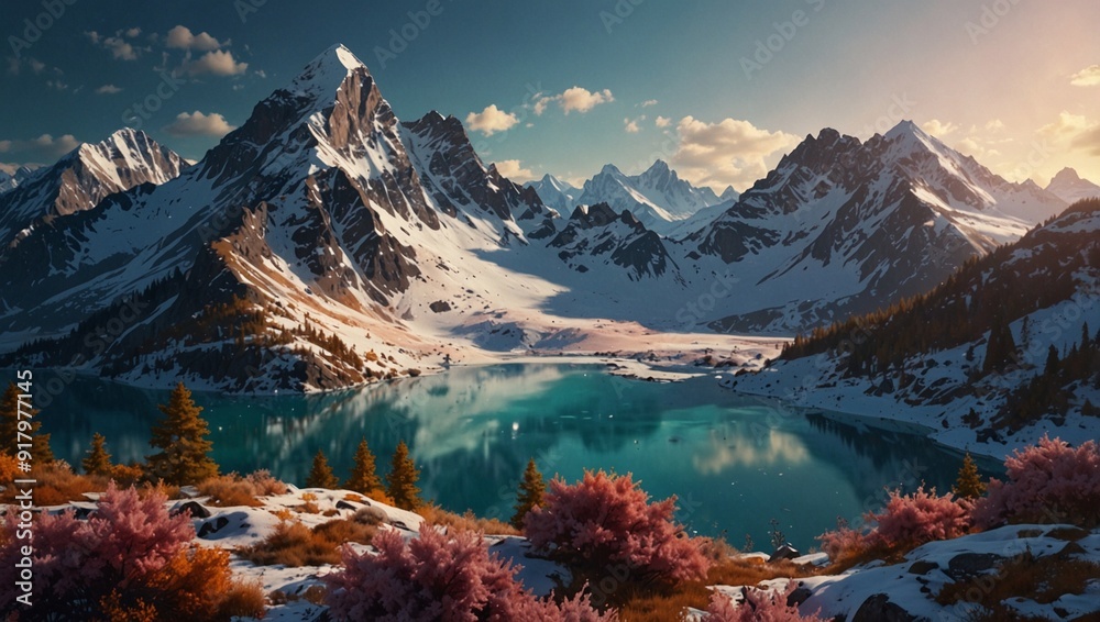 Fototapeta premium winter lake view photo with beautiful mountain background made by AI generative