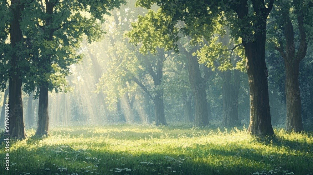 Naklejka premium A tranquil forest scene with tall trees and sunlight filtering through the leaves, creating dappled light on lush green grass. The atmosphere is serene as mist rises from dew-covered foliage