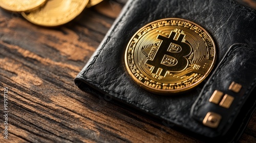 Gold bitcoin coins in a black wallet resting on a wooden table. photo