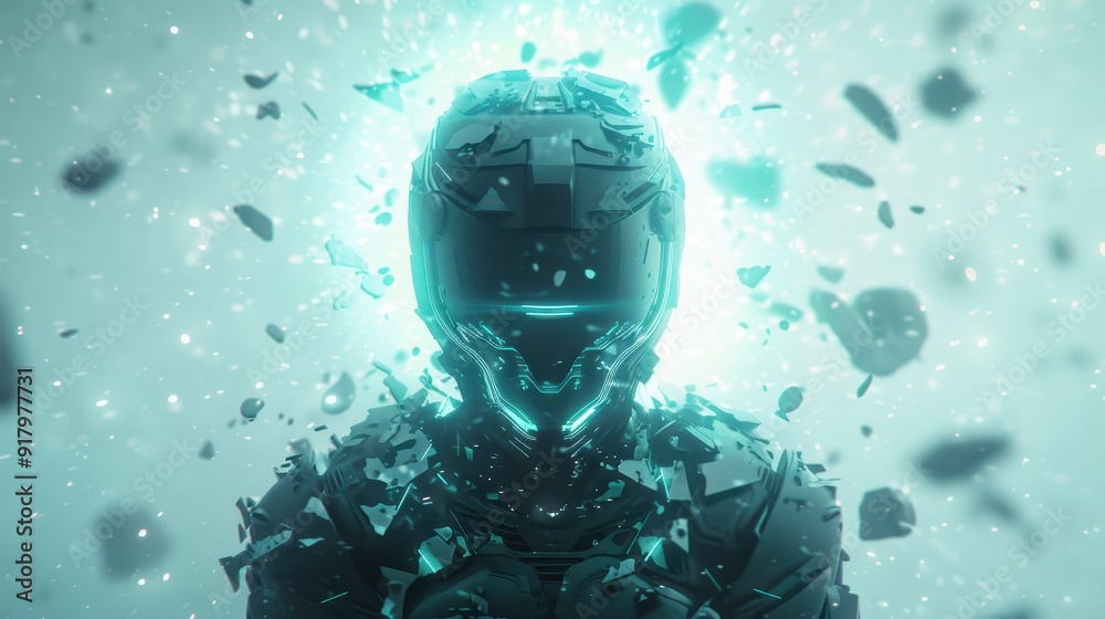 Futuristic sci-fi character in a glowing helmet with debris floating around, showcasing advanced technology and cyber-enhanced visuals. Futuristic sci-fi character in a glowing helmet with debris floating around, showcasing advanced technology and cyber-enhanced visuals.