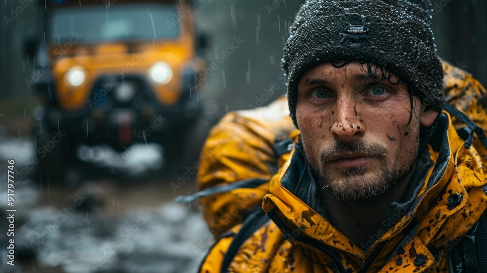 Adventurer in the rain with jeep - generative ai Adventurer in the rain with jeep - generative ai