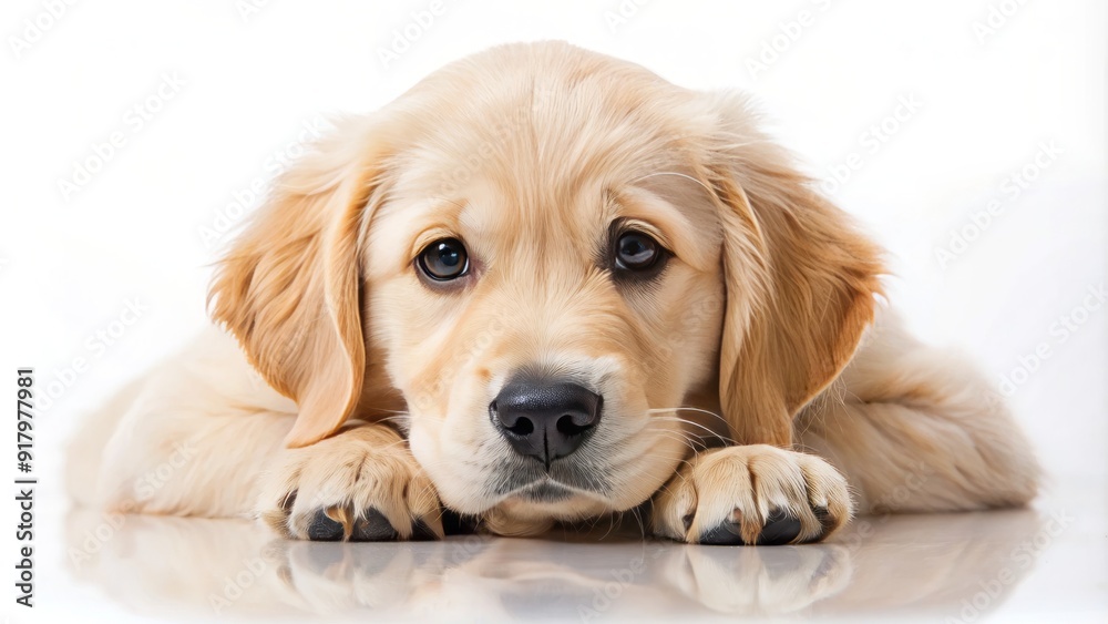Adorable golden retriever puppy lies down on a pristine white background, paws curled up and ears relaxed, evoking a sense of innocence and tranquility. Adorable golden retriever puppy lies down on a pristine white background, paws curled up and ears relaxed, evoking a sense of innocence and tranquility.