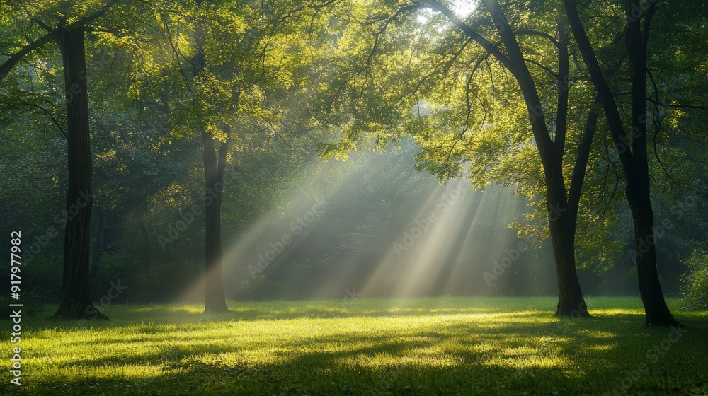 A tranquil forest scene with tall trees and sunlight filtering through the leaves, creating dappled light on lush green grass. The atmosphere is serene as mist rises from dew-covered foliage A tranquil forest scene with tall trees and sunlight filtering through the leaves, creating dappled light on lush green grass. The atmosphere is serene as mist rises from dew-covered foliage