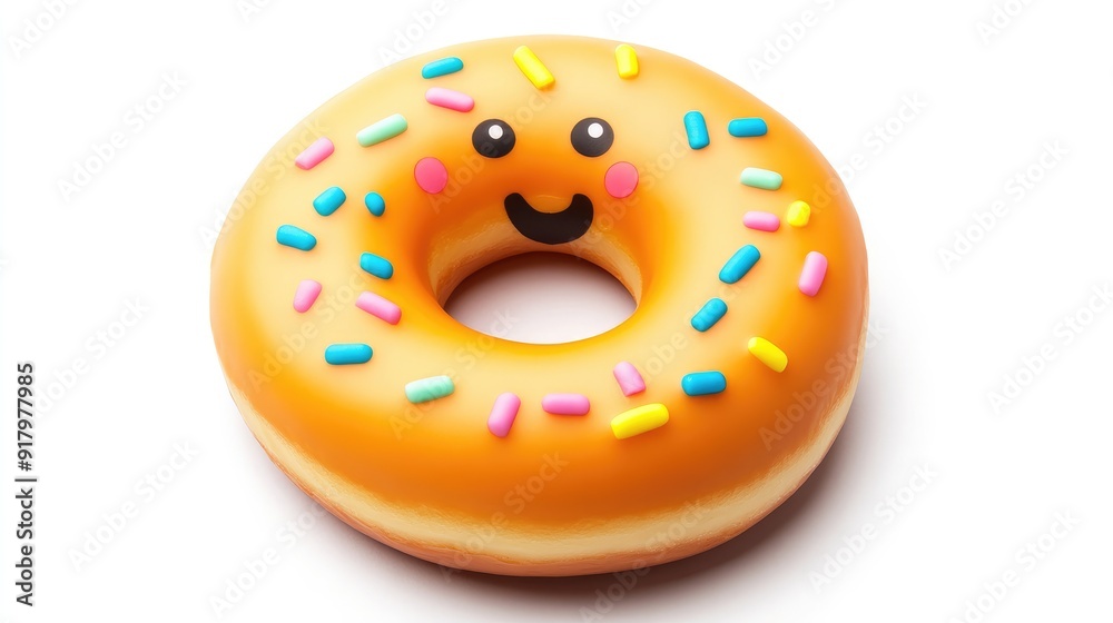Cute anime-style donut with colorful sprinkles and a joyful smile, isolated on a white background