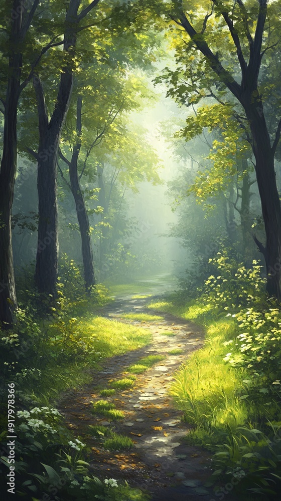 A tranquil forest scene with tall trees and sunlight filtering through the leaves, creating dappled light on lush green grass. The atmosphere is serene as mist rises from dew-covered foliage A tranquil forest scene with tall trees and sunlight filtering through the leaves, creating dappled light on lush green grass. The atmosphere is serene as mist rises from dew-covered foliage