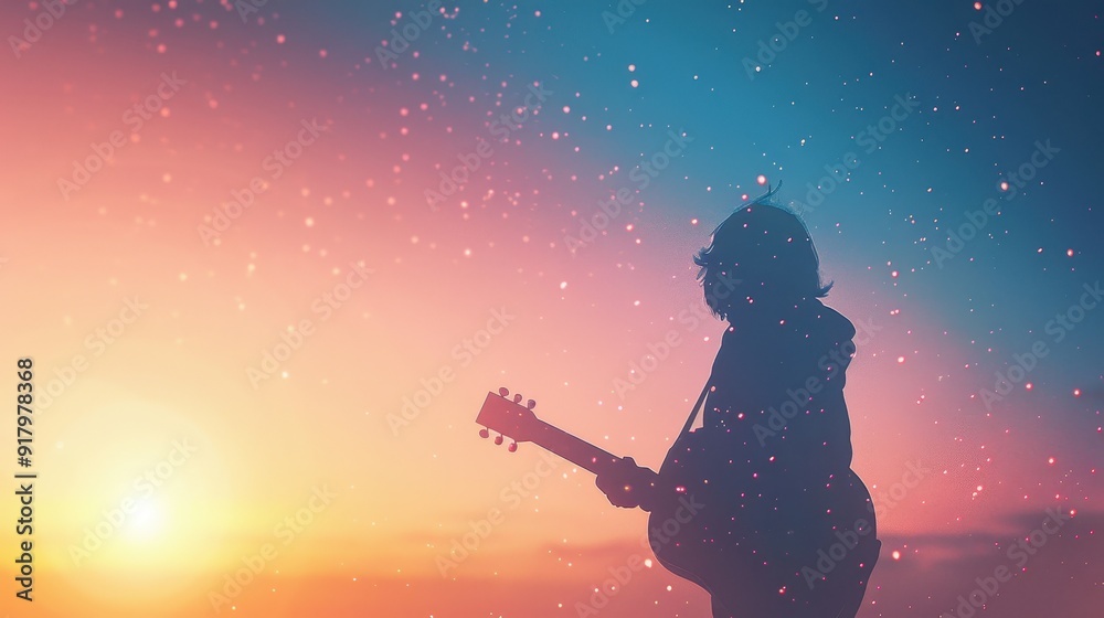 Silhouette of a person playing guitar against a serene, colorful sunset sky, capturing a dreamy and peaceful moment with soft lighting. Silhouette of a person playing guitar against a serene, colorful sunset sky, capturing a dreamy and peaceful moment with soft lighting.