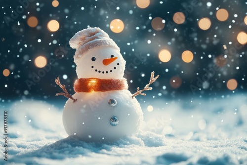 Cute Snowman in the Snow, Christmas Concept with Bokeh Lights Generative AI