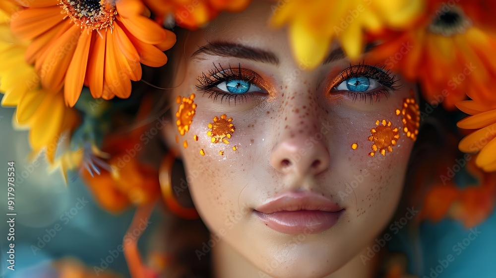 Beautiful Young Woman with Colorful Carnival Flowers and Face Paint Beautiful Young Woman with Colorful Carnival Flowers and Face Paint