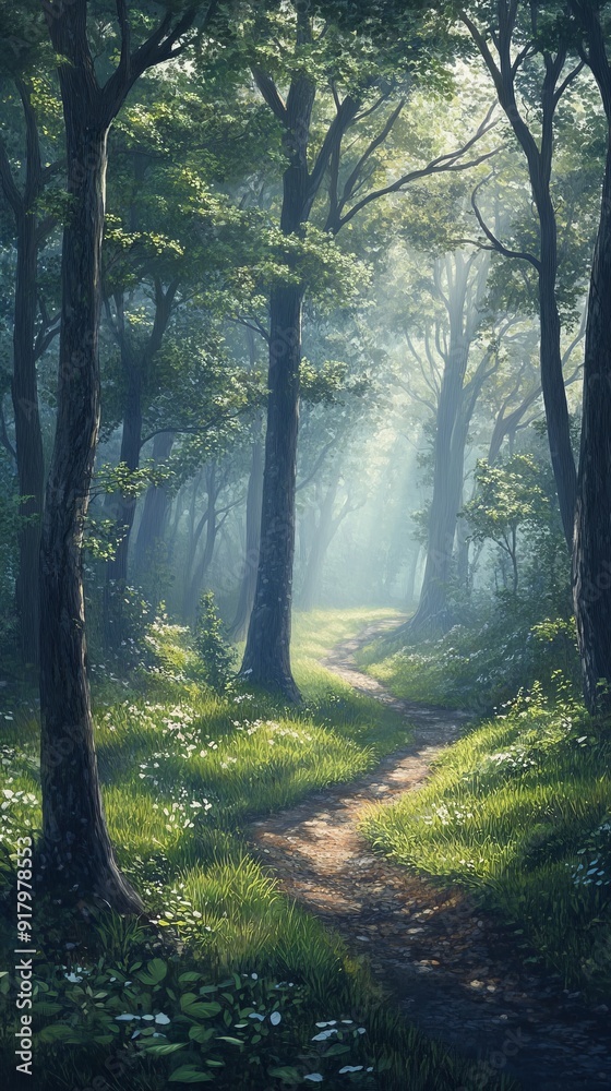 Naklejka premium A tranquil forest scene with tall trees and sunlight filtering through the leaves, creating dappled light on lush green grass. The atmosphere is serene as mist rises from dew-covered foliage